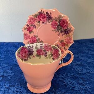 NWOT Meritage Floral Coral- Pink Teacup and Saucer Set